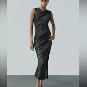 Zara Black Sheer-Panel Ruched Maxi Dress